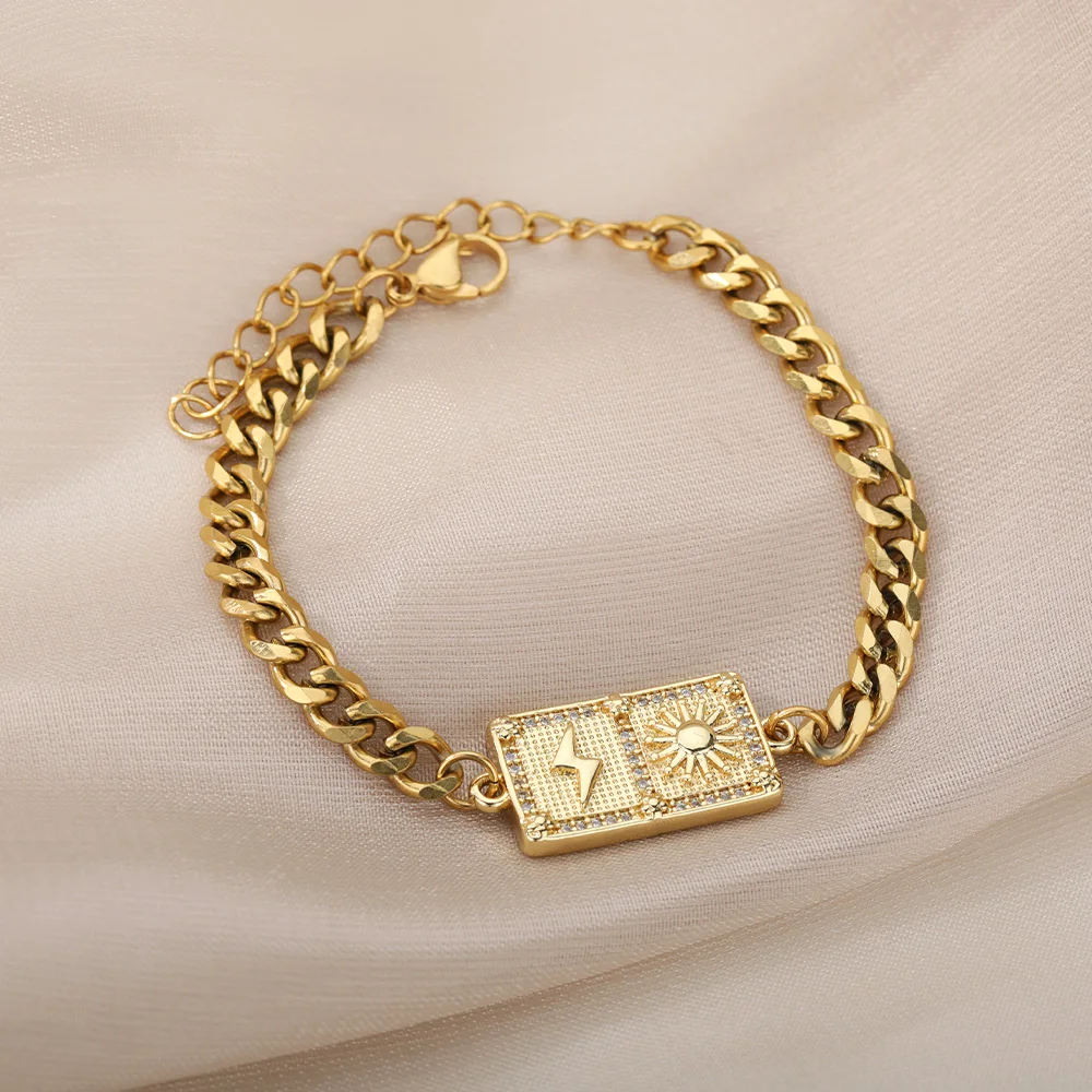 RXSMII Stainless Steel Layered Golden Pendant Bracelet For Women Retro Punk Gothic Portrait Coin Cross Pearl Bracelet Jewelry