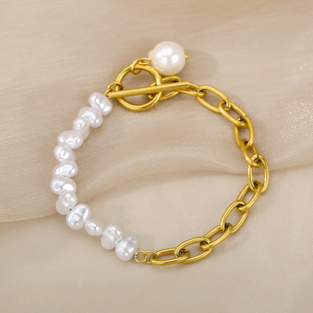 RXSMII Stainless Steel Layered Golden Pendant Bracelet For Women Retro Punk Gothic Portrait Coin Cross Pearl Bracelet Jewelry