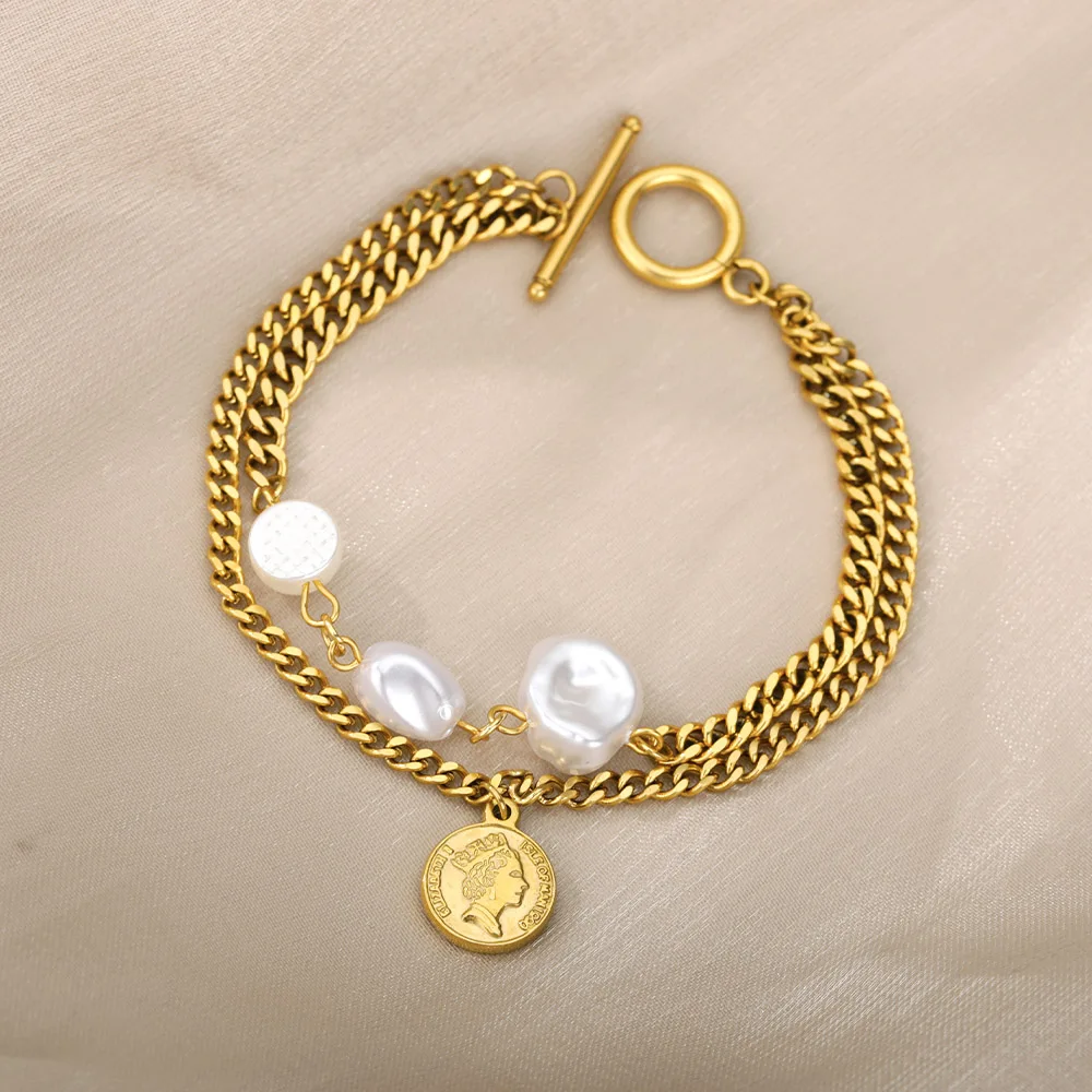 RXSMII Stainless Steel Layered Golden Pendant Bracelet For Women Retro Punk Gothic Portrait Coin Cross Pearl Bracelet Jewelry