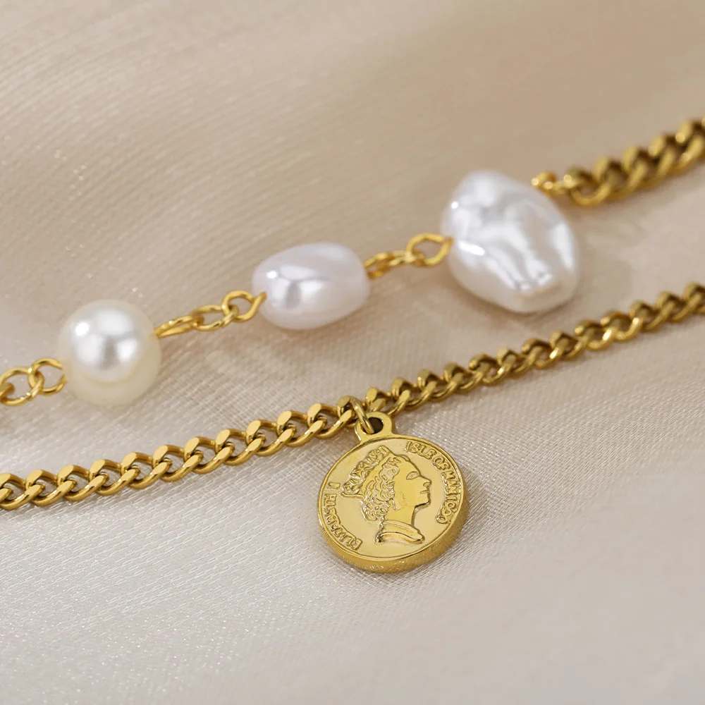 RXSMII Stainless Steel Layered Golden Pendant Bracelet For Women Retro Punk Gothic Portrait Coin Cross Pearl Bracelet Jewelry