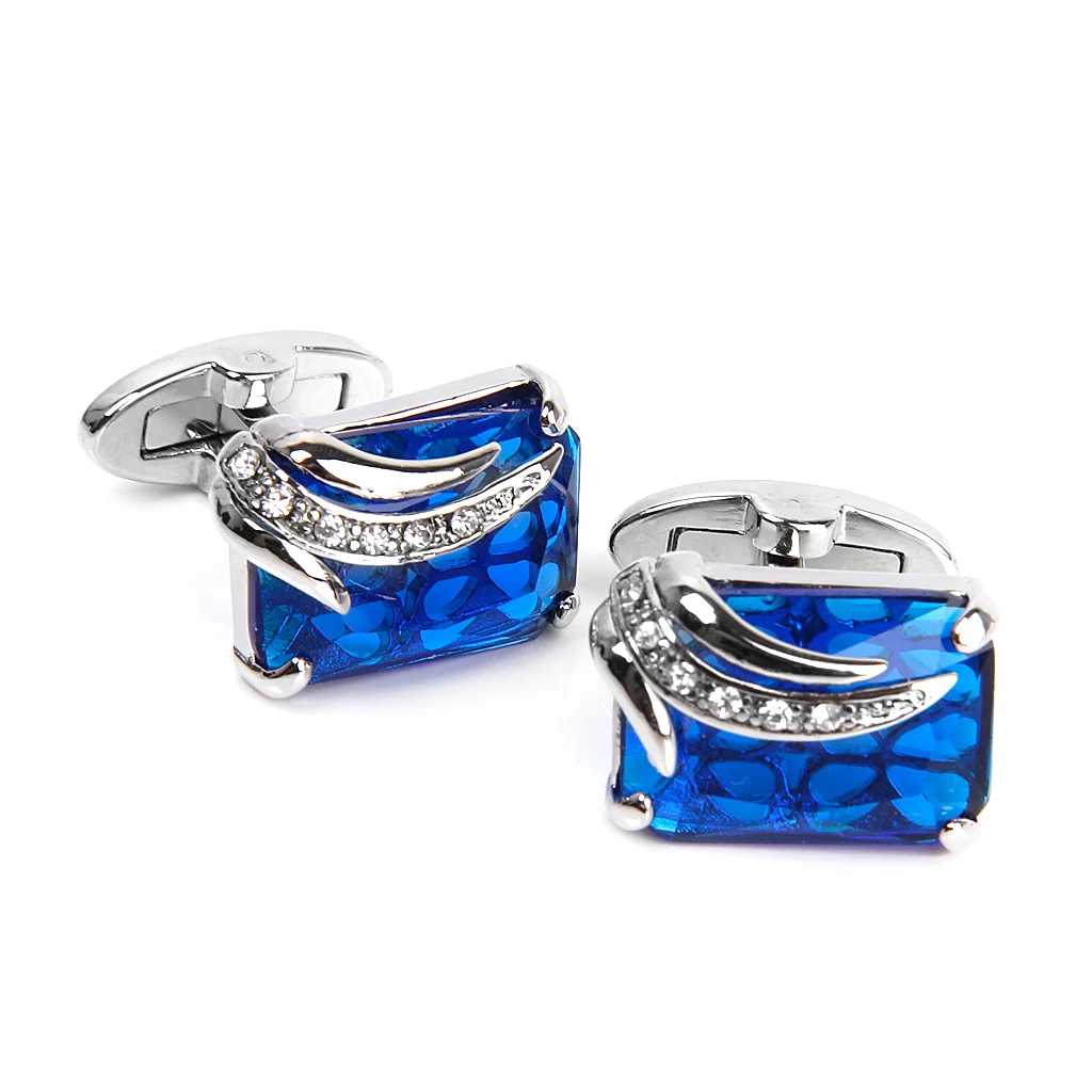Men Fashion Blue Crystal Cufflink Shirt Suit Cuff Links Wedding Jewelry Gift Rectangle Tie Clips