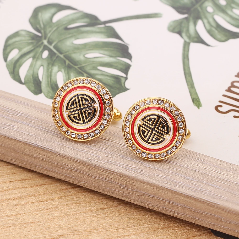 Classic Gold-Color Plated Rhinestone Copper Black Painting Men's Cufflink Wedding Suit Shirt Buttons Cufflinks