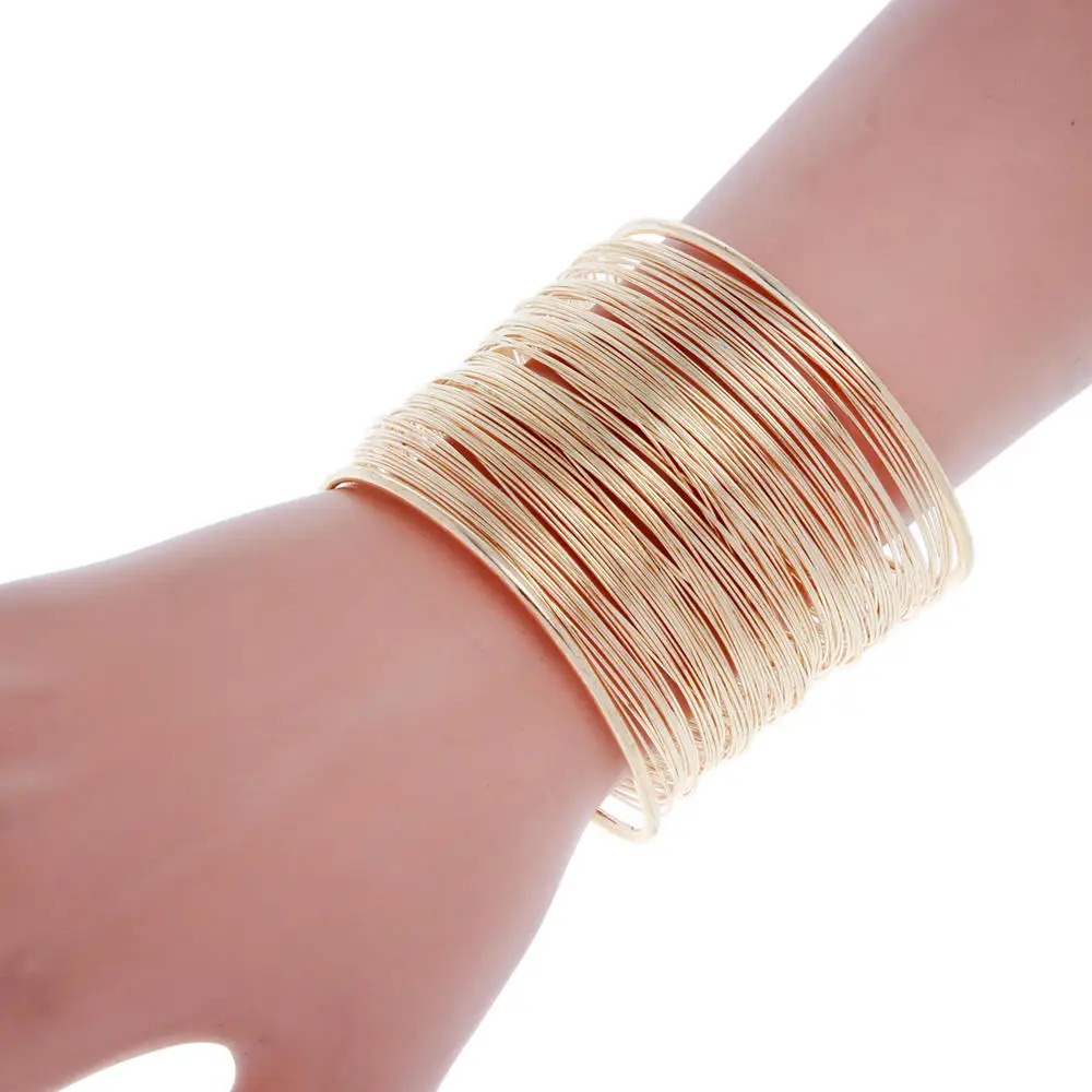 Fashion Women Multilayer Metal Wires Strings Open Bangle Wide Cuff Bracelet Girls Fashion Jewelry Accessories hand ring bracelet