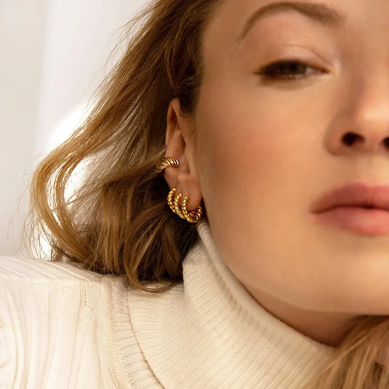 C Shape Twist Croissant Earrings For Women Stainless Steel Hoop Earrings Circle Round Earring Female Fashion Jewelry Orecchini