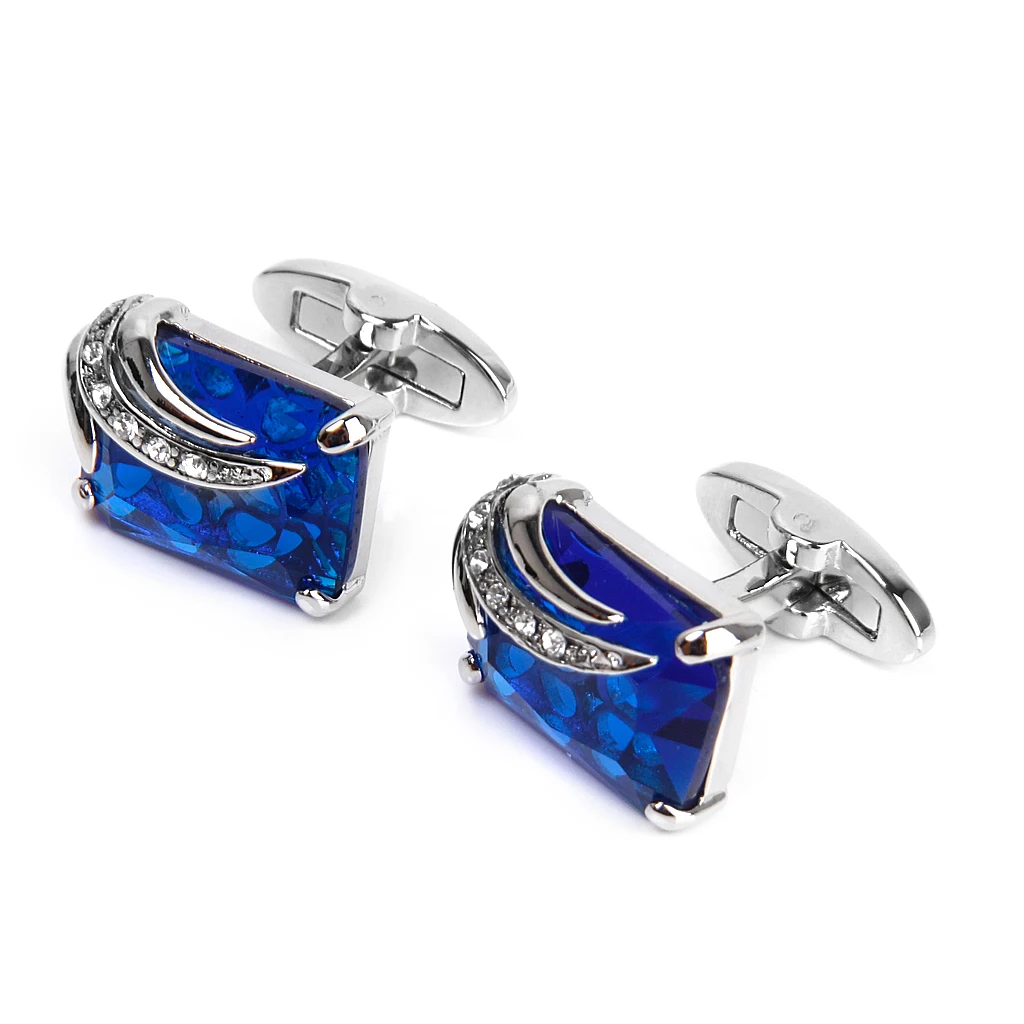 Men Fashion Blue Crystal Cufflink Shirt Suit Cuff Links Wedding Jewelry Gift Rectangle Tie Clips