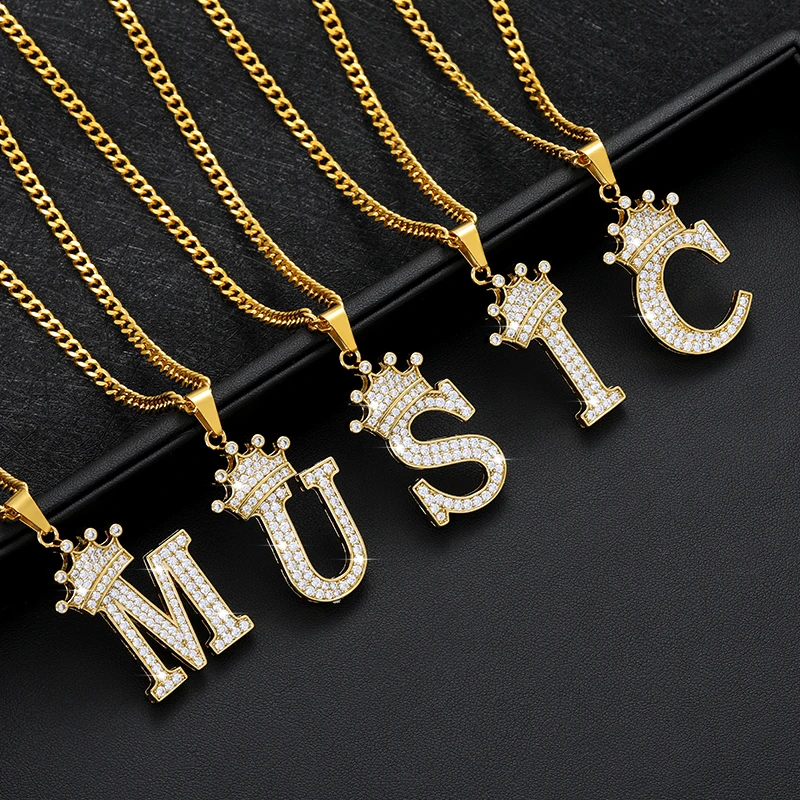 Crystal Crown Necklace For Man Women Initial Letter Necklaces Hip Hop Alphabet Pendant Goth Chain Jewelry Gifts For Kids Bijoux Crystal Crown Necklace For Man Women Initial Letter Necklaces Hip Hop Alphabet Pendant Goth Chain Jewelry Gifts For Kids Bijoux