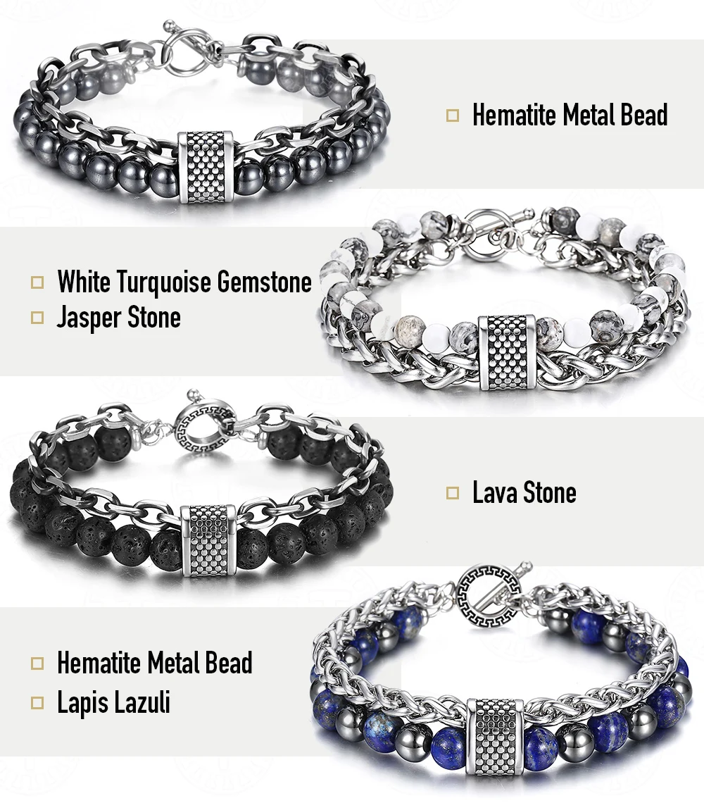 Trendsmax Natural Map Stone Men's Beaded Bracelet for women Stainless Steel Bracelets Male Jewelry Tiger eye 8 9 10 inch DB33
