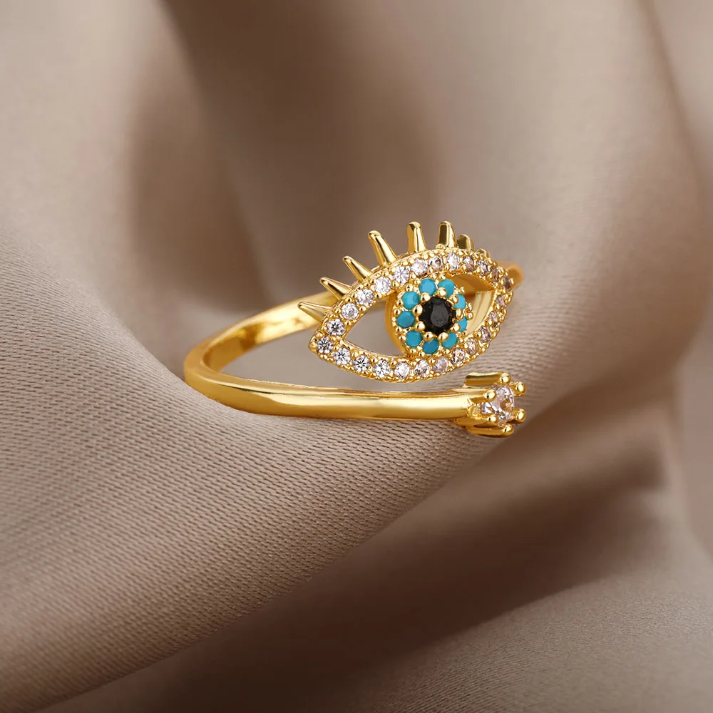 Lucky Turkish Blue Evil Eye Rings For Women Open Adjustable Stainless Steel Ring 2022 Trend Wedding Band Couple Jewelry Gift