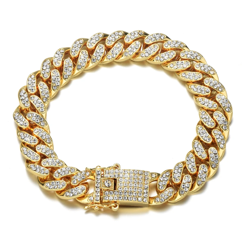 Hip Hop Bling Iced Out Miami Cuban Link Chain Full AAA Crystal Pave Men's Bracelet Gold Color Bracelets for Men Jewelry