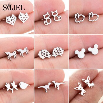 SMJEL Stainless Steel Mickey Stud Earrings for Women Girls Minimalist Fox Cat Hedgehog Earings Jewelry