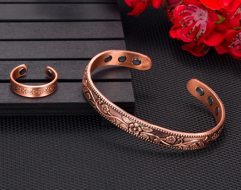 Magnetic Pure Copper Bracelet Femme Benefit 9mm Vintage Flower Energy Magnetic Copper Bracelet Adjustable Bracelet for Women