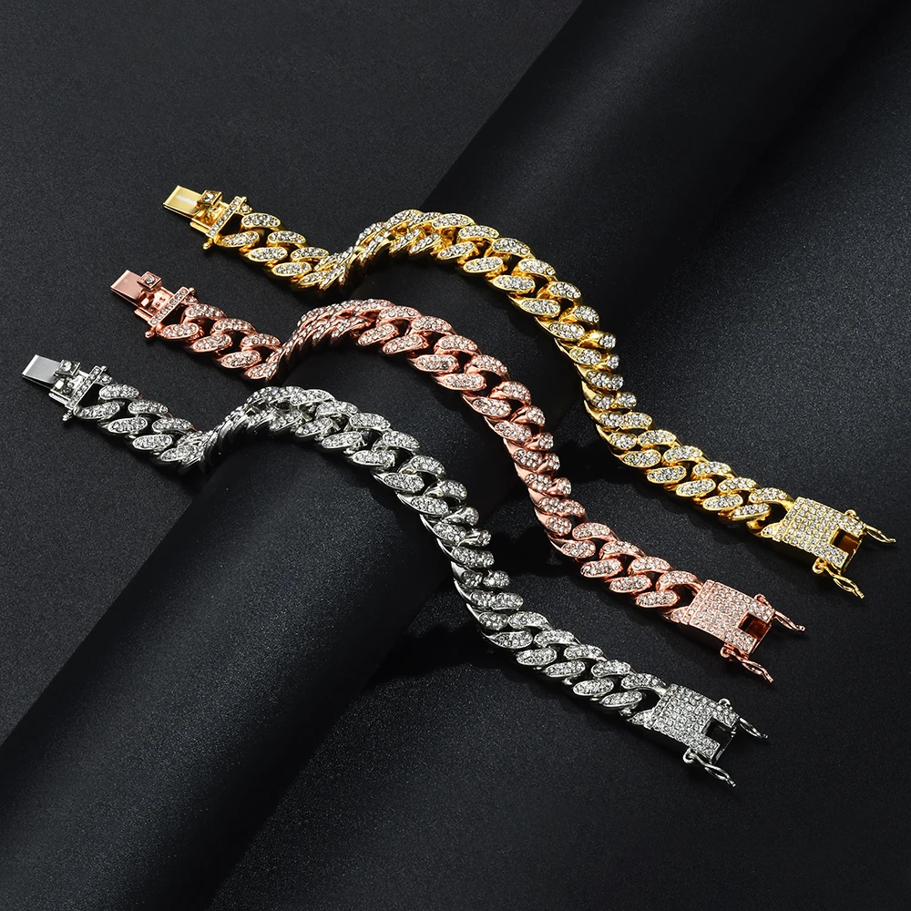Hip Hop Bling Iced Out Miami Cuban Link Chain Full AAA Crystal Pave Men's Bracelet Gold Color Bracelets for Men Jewelry