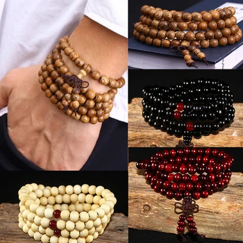 Natural Sandalwood Buddhist Buddha Wood Prayer Beaded Knot black ebony Unisex Bracelets & Bangles