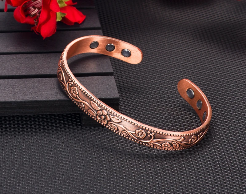 Magnetic Pure Copper Bracelet Femme Benefit 9mm Vintage Flower Energy Magnetic Copper Bracelet Adjustable Bracelet for Women