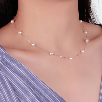 Anenjery Sterling Silver Jewelry Pearl Box Chain Choker Necklace