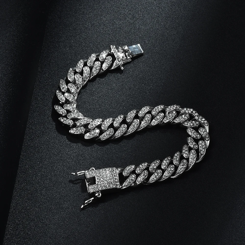 Hip Hop Bling Iced Out Miami Cuban Link Chain Full AAA Crystal Pave Men's Bracelet Gold Color Bracelets for Men Jewelry