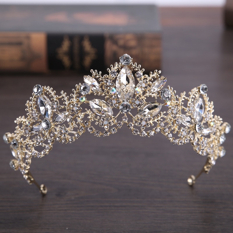 2022 New Fashion Baroque Luxury Crystal AB Bridal Crown Tiaras Light Gold Diadem Tiaras for Women Bride Wedding Hair Accessories