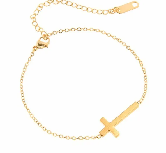 Crucifix Jesus Christian Horizontal Sideways Cross Charm Bracelets for Women Stainless Steel Bridesmaids Gift Pulseira Feminina