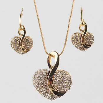 Luxury Gold-color Romantic Austrian Crystal heart shape Chain Necklace Earrings Jewelry Sets