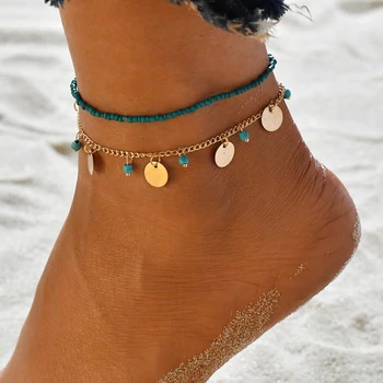 MissCyCy Bohemian Beads Ankle Bracelet for Women Leg Chain Round Tassel Vintage Foot Jewelry