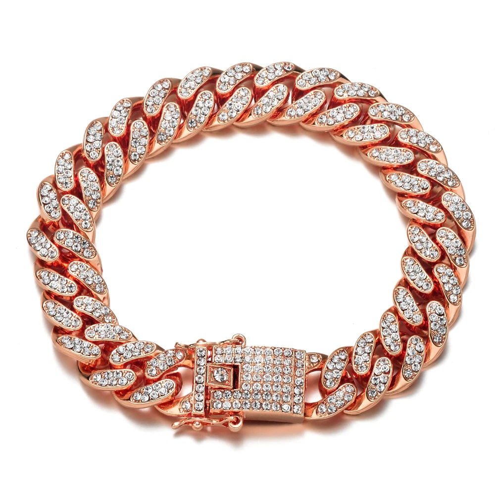 Hip Hop Bling Iced Out Miami Cuban Link Chain Full AAA Crystal Pave Men's Bracelet Gold Color Bracelets for Men Jewelry