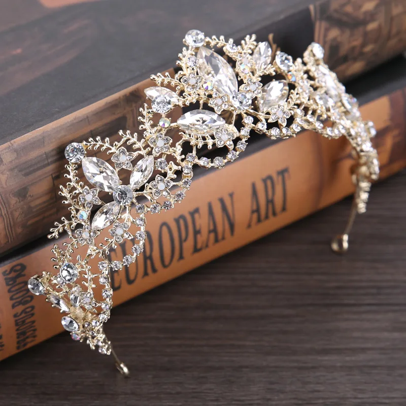 2022 New Fashion Baroque Luxury Crystal AB Bridal Crown Tiaras Light Gold Diadem Tiaras for Women Bride Wedding Hair Accessories