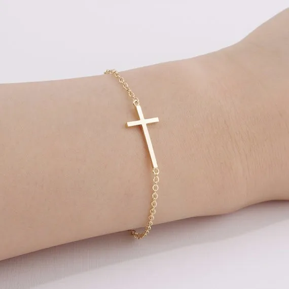Crucifix Jesus Christian Horizontal Sideways Cross Charm Bracelets for Women Stainless Steel Bridesmaids Gift Pulseira Feminina