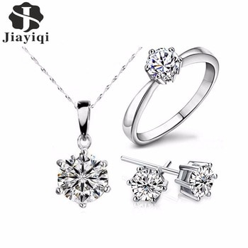 Silver Color Fashion Jewelry Sets Cubic Zircon Statement Necklace & Earrings Rings Wedding Jewelry