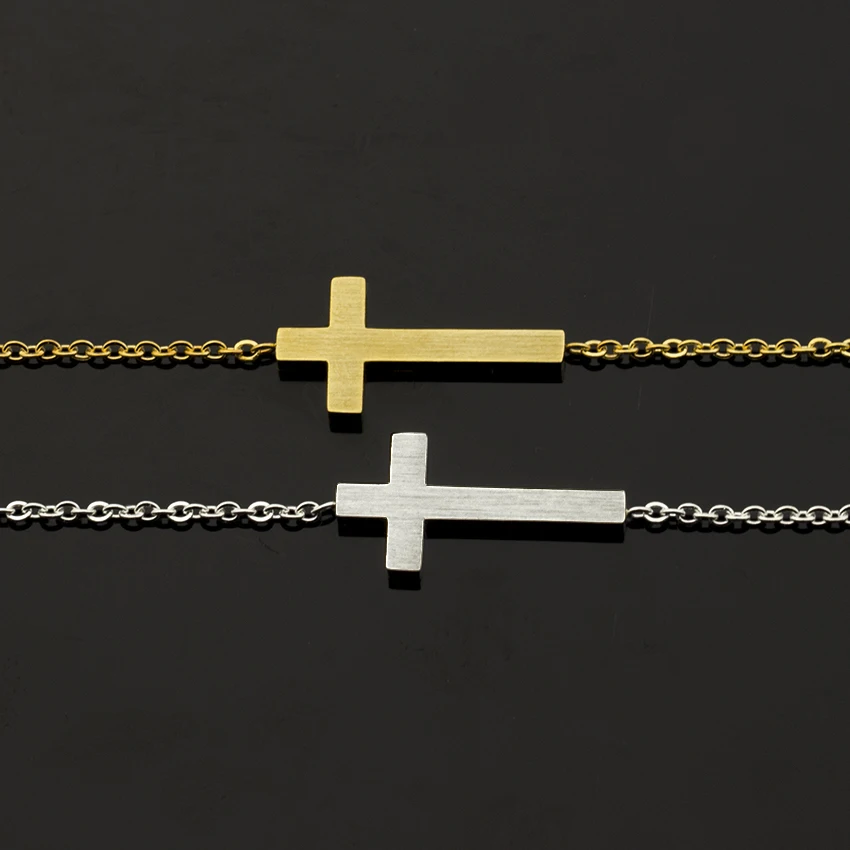 Crucifix Jesus Christian Horizontal Sideways Cross Charm Bracelets for Women Stainless Steel Bridesmaids Gift Pulseira Feminina