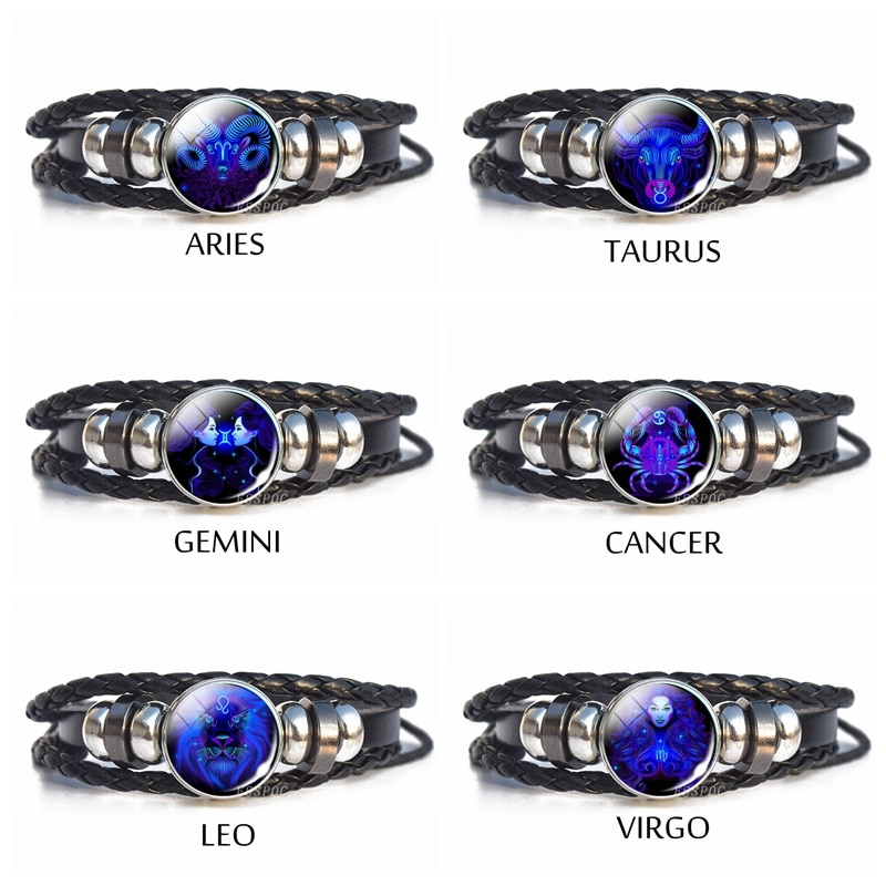 12 Constellation Luminous Leather Bracelet For Men Black Braided Rope Punk Jewelry Wristband Male Bracelet Bangle Gift