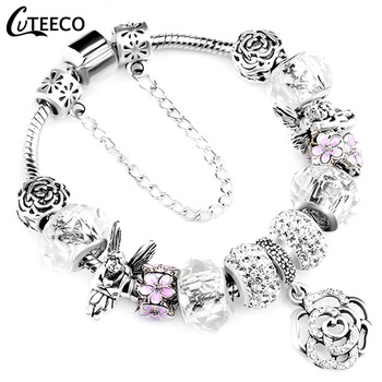 CUTEECO Charms Bracelet Bangle For Women Crystal Flower Fairy Bead Jewelry