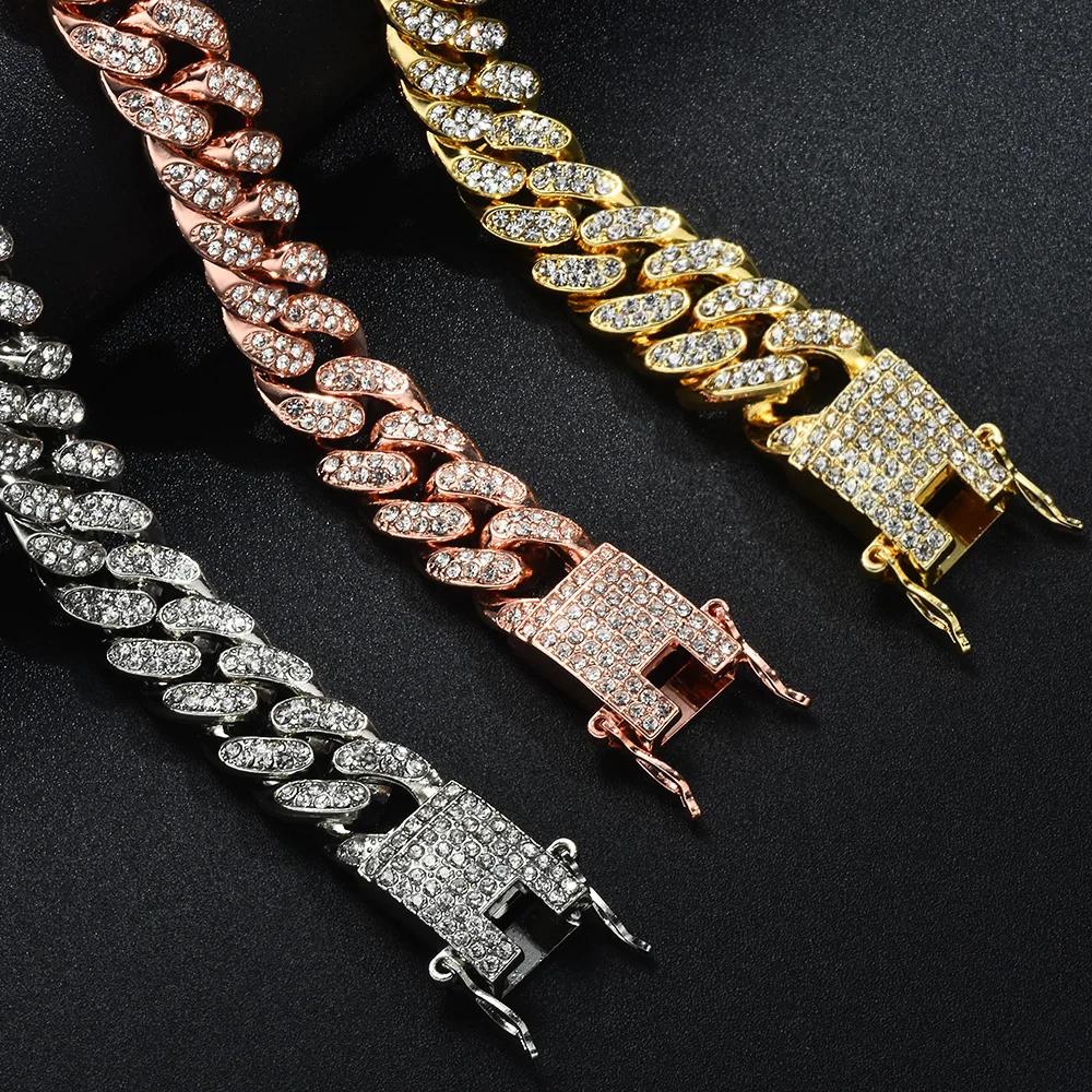 Hip Hop Bling Iced Out Miami Cuban Link Chain Full AAA Crystal Pave Men's Bracelet Gold Color Bracelets for Men Jewelry