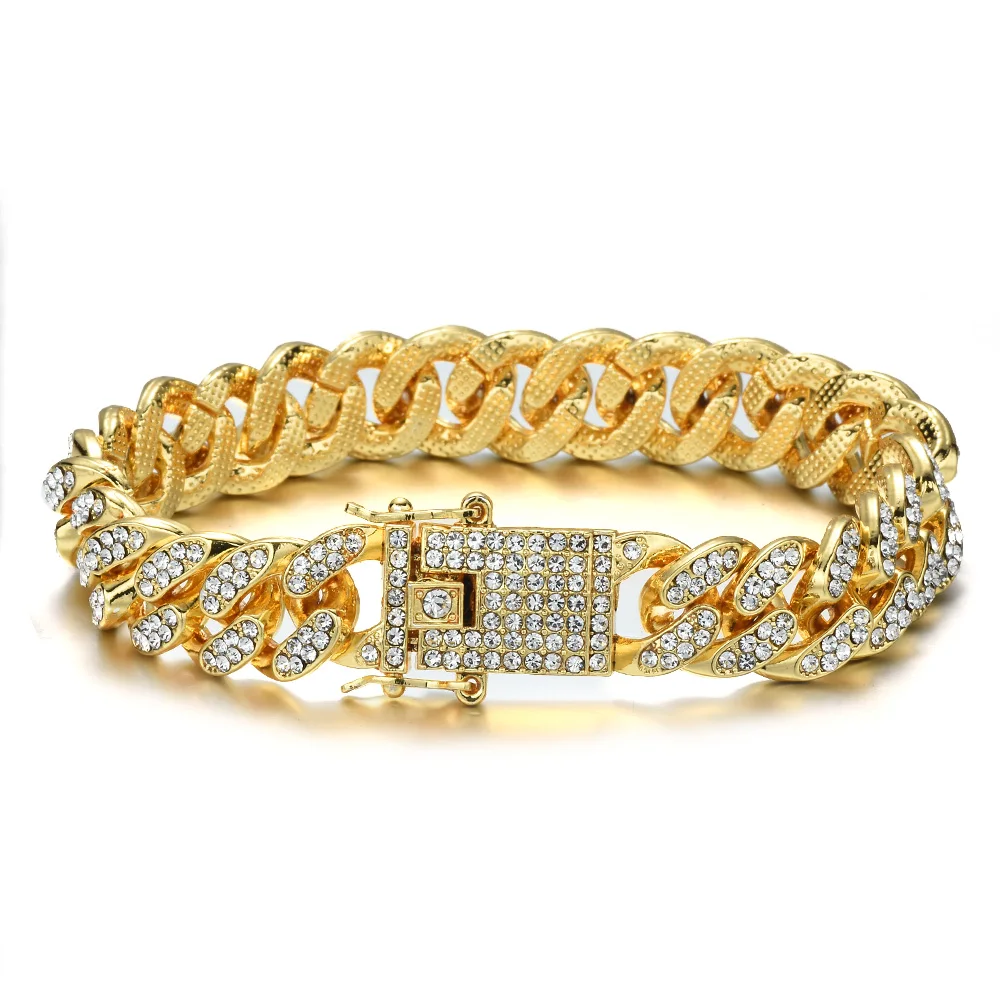Hip Hop Bling Iced Out Miami Cuban Link Chain Full AAA Crystal Pave Men's Bracelet Gold Color Bracelets for Men Jewelry