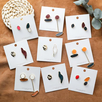 New Design Vintage Colorful Enamel Irregular Geometric Asymmetric Oval Round Long Stud Earrings