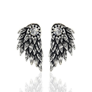 Gothic Silver Color Cool Angel Wings Alloy Stud Earrings Cool Black Feather Earrings Fashion Jewelry