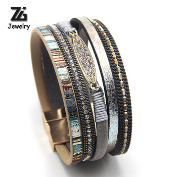 ZG Rhinestone Bar Charm Bohemian Leather Bracelet
