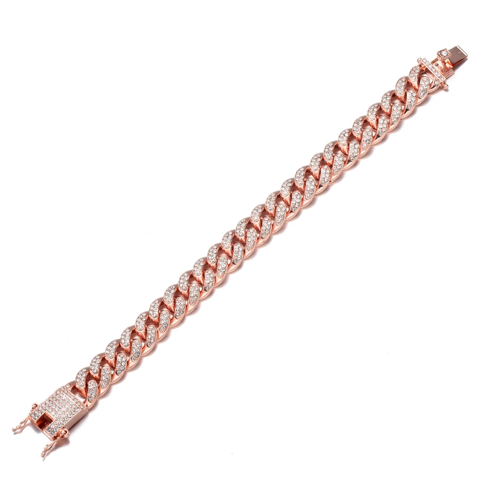 Hip Hop Bling Iced Out Miami Cuban Link Chain Full AAA Crystal Pave Men's Bracelet Gold Color Bracelets for Men Jewelry