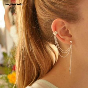 Metallic Gold and Silver Leaf Chain Tassel Clip Earrings