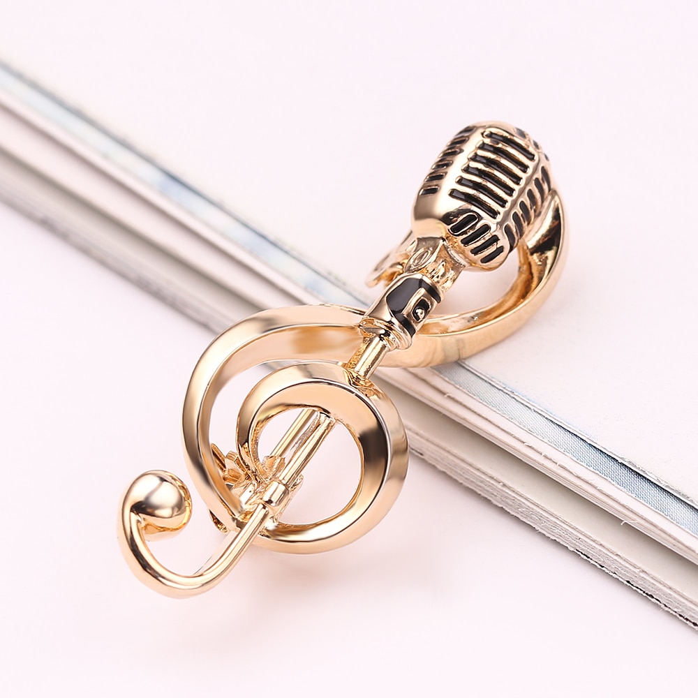 Gold Color Microphone Music Note Brooches Enamel Pin For Women Men Singer Party Concert Accessories Gift Jewelry