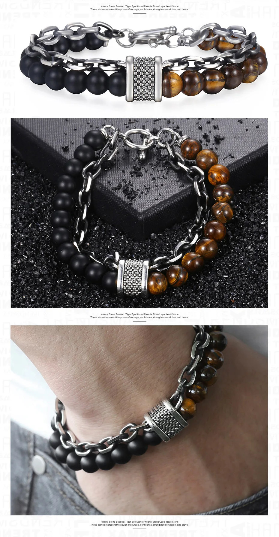 Trendsmax Natural Map Stone Men's Beaded Bracelet for women Stainless Steel Bracelets Male Jewelry Tiger eye 8 9 10 inch DB33