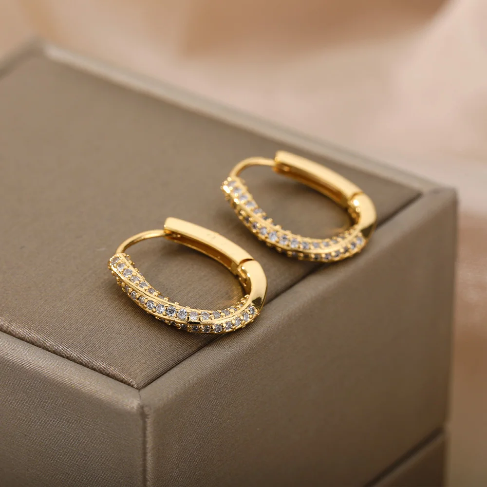 Geometric Irregular Hoop Earrings For Women Stainless Steel Zircon Hoops Gold Silver Color Round Earring Anti-allergy Jewelry