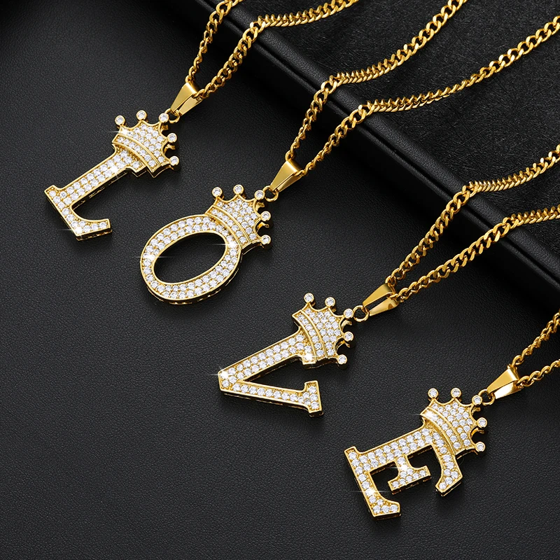 Crystal Crown Necklace For Man Women Initial Letter Necklaces Hip Hop Alphabet Pendant Goth Chain Jewelry Gifts For Kids Bijoux Crystal Crown Necklace For Man Women Initial Letter Necklaces Hip Hop Alphabet Pendant Goth Chain Jewelry Gifts For Kids Bijoux