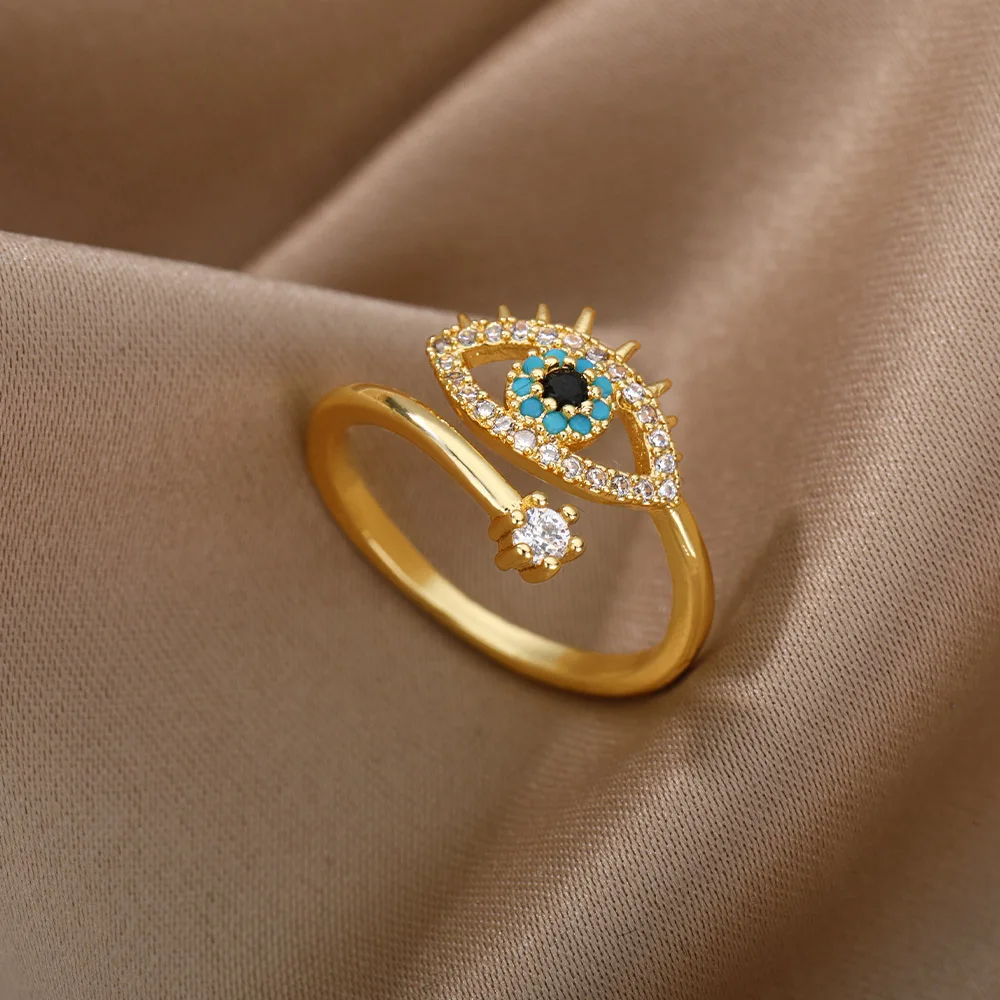 Lucky Turkish Blue Evil Eye Rings For Women Open Adjustable Stainless Steel Ring 2022 Trend Wedding Band Couple Jewelry Gift