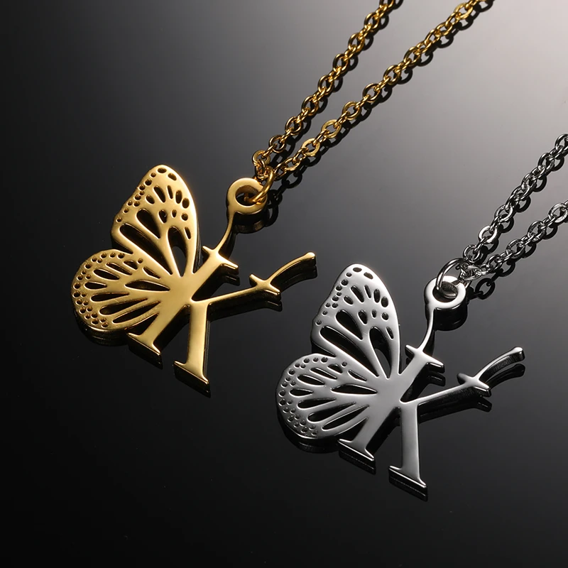 Initial Letter with Butterfly Necklace For Women Butterfly Jewelry Stainless Steel Alphabet Pendant Choker Necklace Female Gift