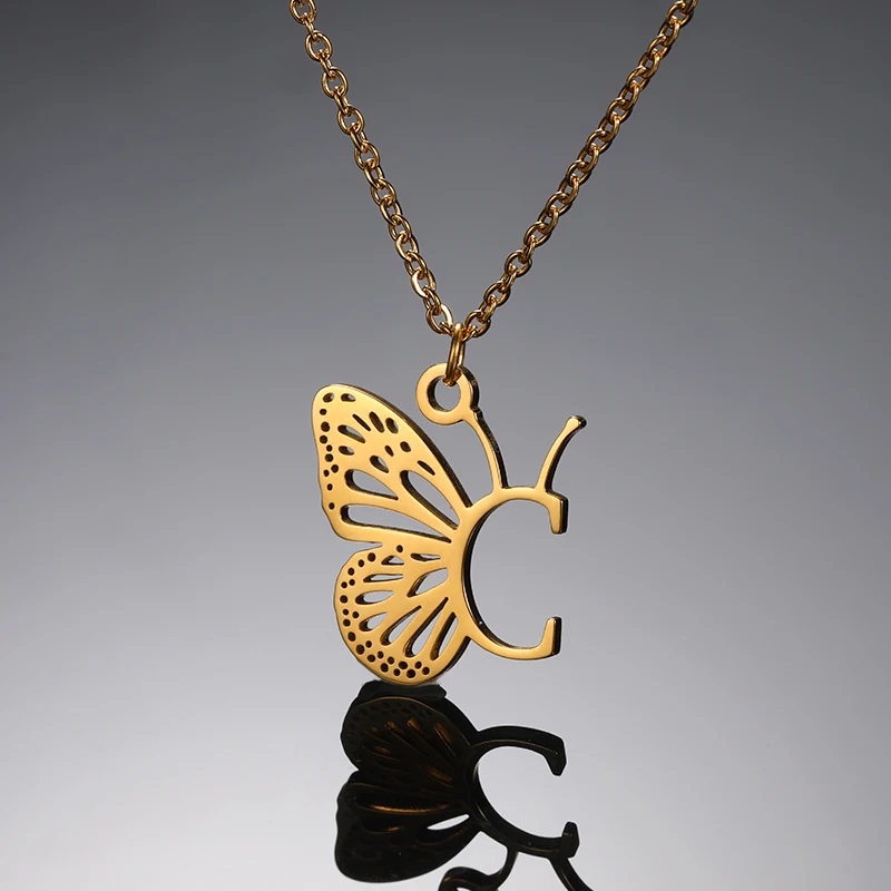 Initial Letter with Butterfly Necklace For Women Butterfly Jewelry Stainless Steel Alphabet Pendant Choker Necklace Female Gift