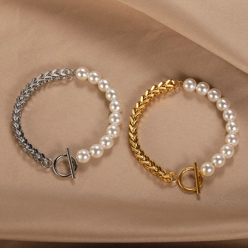 2022 Fashion Pearl Thick Chain Bracelet For Women Stainless Steel Chunky Bracelets Retro Gothic Statement Jewelry Party Gifts