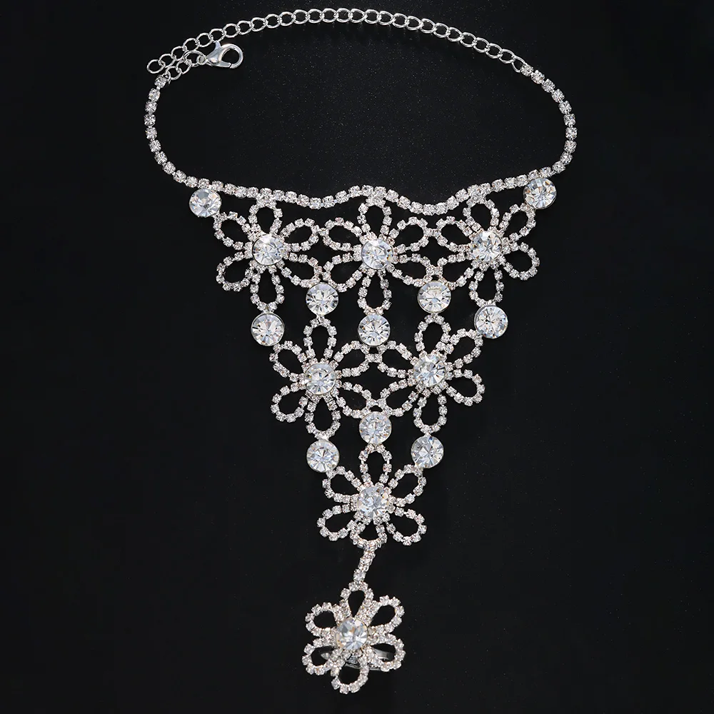 Stonefans Luxury Flower Crystal Finger Chain Bracelets for Women Rhinestone Slave Chain Bangles Wedding Party Bride Hand Jewelry