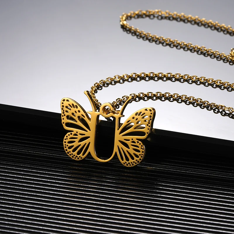 Initial Letter with Butterfly Necklace For Women Butterfly Jewelry Stainless Steel Alphabet Pendant Choker Necklace Female Gift