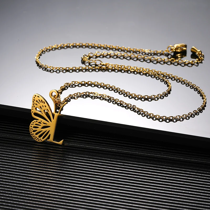 Initial Letter with Butterfly Necklace For Women Butterfly Jewelry Stainless Steel Alphabet Pendant Choker Necklace Female Gift