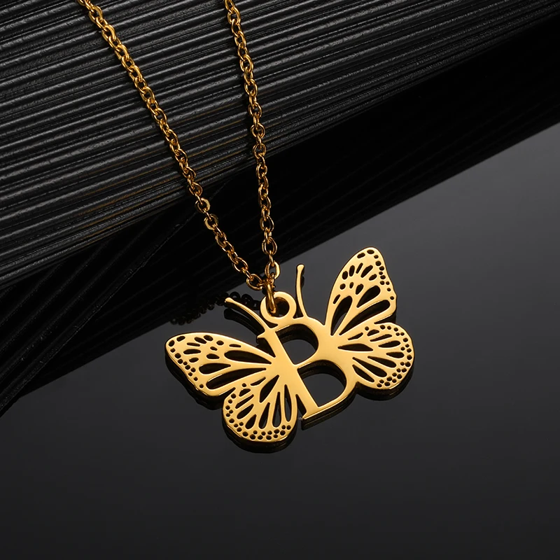 Initial Letter with Butterfly Necklace For Women Butterfly Jewelry Stainless Steel Alphabet Pendant Choker Necklace Female Gift